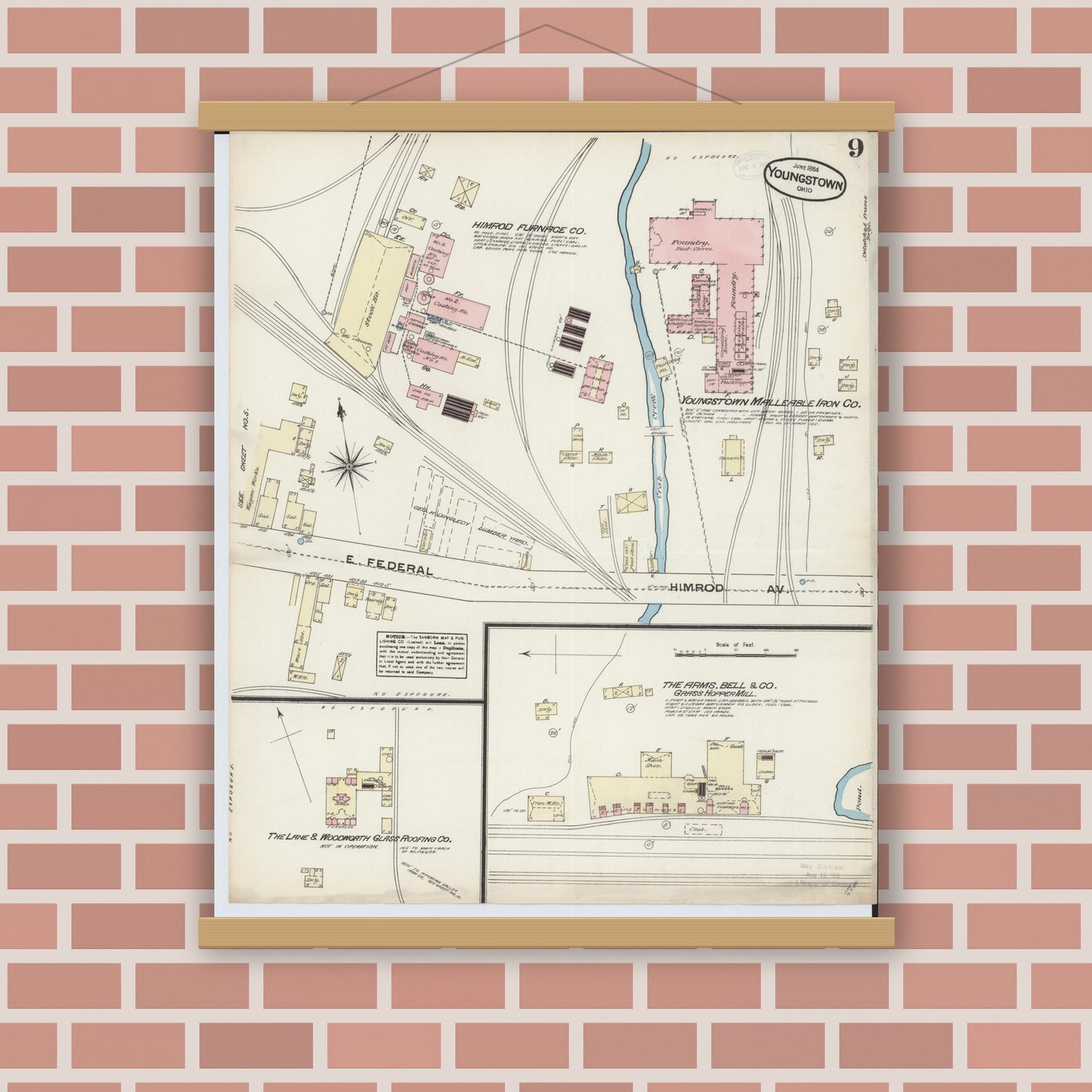 Old map wall art mockup — magnetic wood frame on brick wall — Sanborn Fire Insurance Map from Youngstown, Mahoning County, Ohio (1884), Sheet #0009
