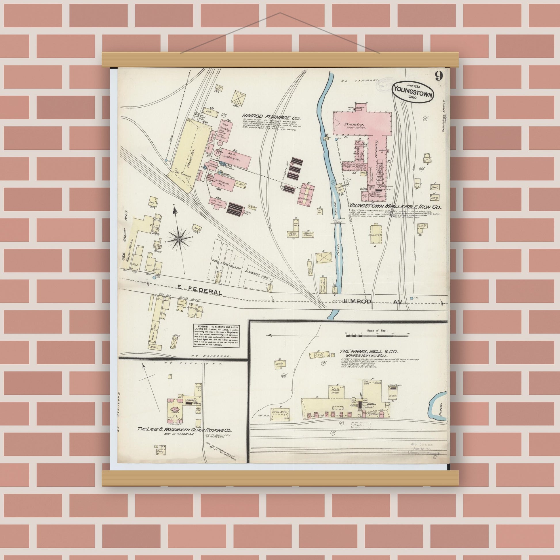 Old map wall art mockup — magnetic wood frame on brick wall — Sanborn Fire Insurance Map from Youngstown, Mahoning County, Ohio (1884), Sheet #0009