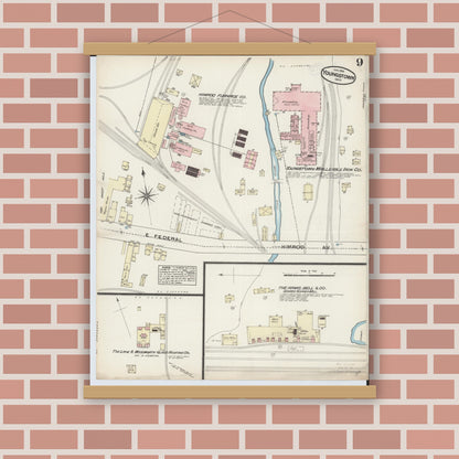 Old map wall art mockup — magnetic wood frame on brick wall — Sanborn Fire Insurance Map from Youngstown, Mahoning County, Ohio (1884), Sheet #0009