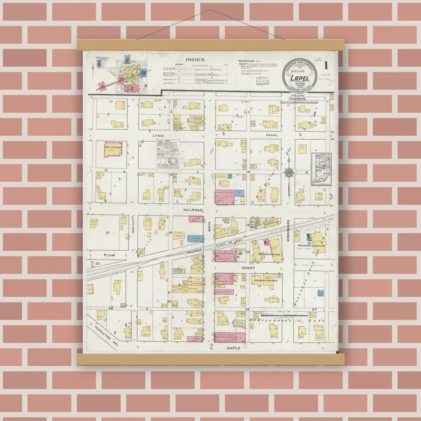 Old map wall art mockup — magnetic wood frame on brick wall — Sanborn Fire Insurance Map from Lapel, Madison County, Indiana (1918) - Complete Map Set