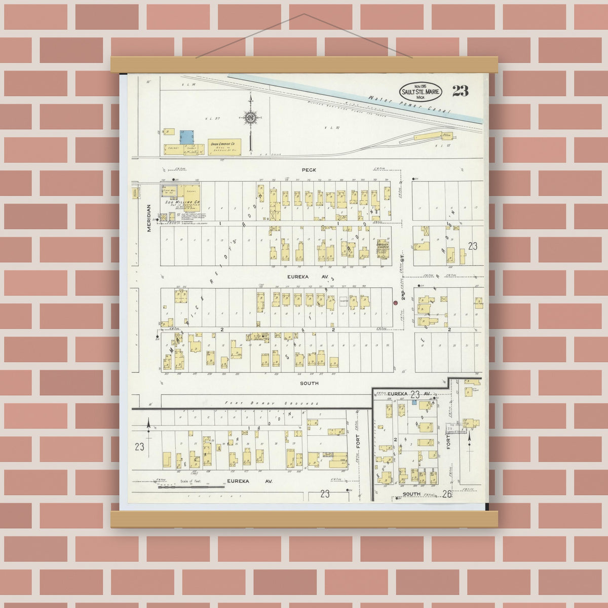 Old map wall art mockup — magnetic wood frame on brick wall — Sanborn Fire Insurance Map from Sault Sainte Marie, Chippewa County, Michigan (1915), Sheet #0023