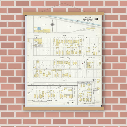 Old map wall art mockup — magnetic wood frame on brick wall — Sanborn Fire Insurance Map from Sault Sainte Marie, Chippewa County, Michigan (1915), Sheet #0023
