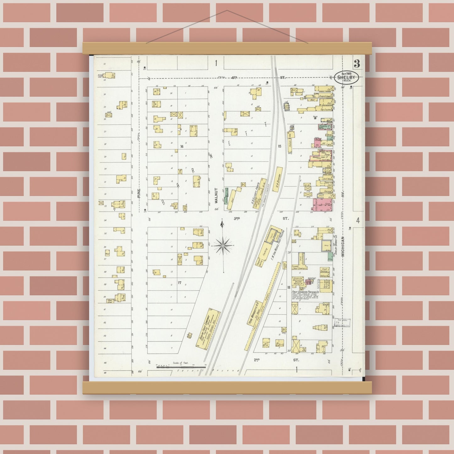 Old map wall art mockup — magnetic wood frame on brick wall — Sanborn Fire Insurance Map from Shelby, Oceana County, Michigan (1900), Sheet #0003