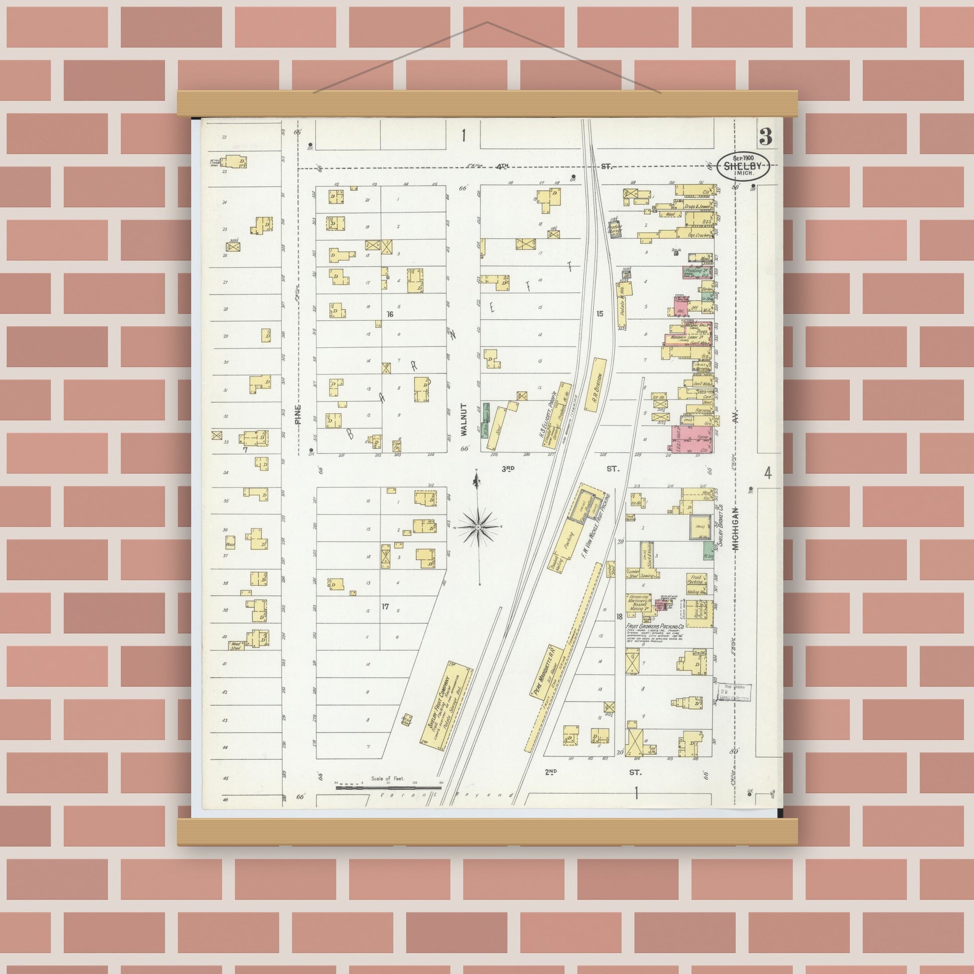 Old map wall art mockup — magnetic wood frame on brick wall — Sanborn Fire Insurance Map from Shelby, Oceana County, Michigan (1900), Sheet #0003