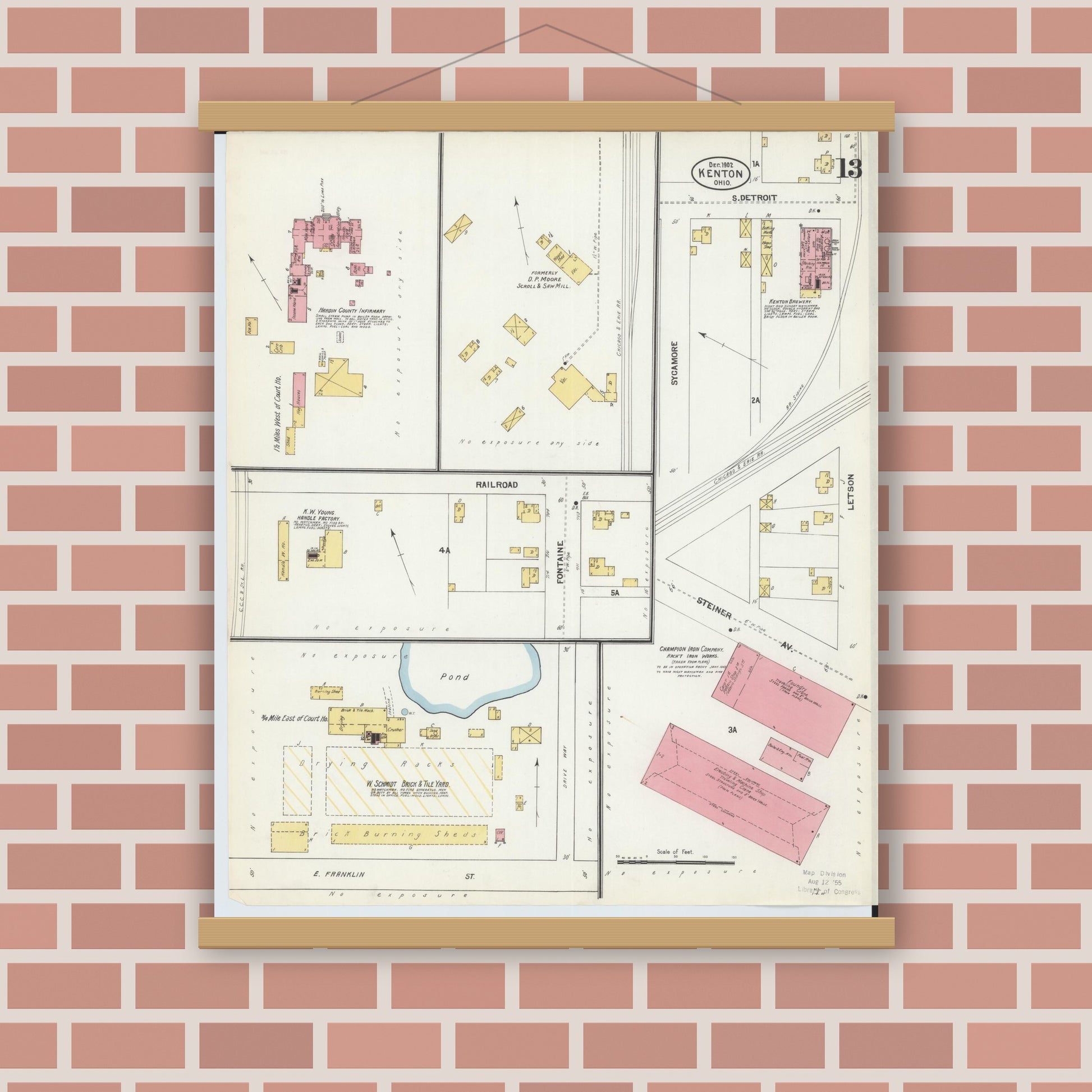 Old map wall art mockup — magnetic wood frame on brick wall — Sanborn Fire Insurance Map from Kenton, Hardin County, Ohio (1902), Sheet #0013