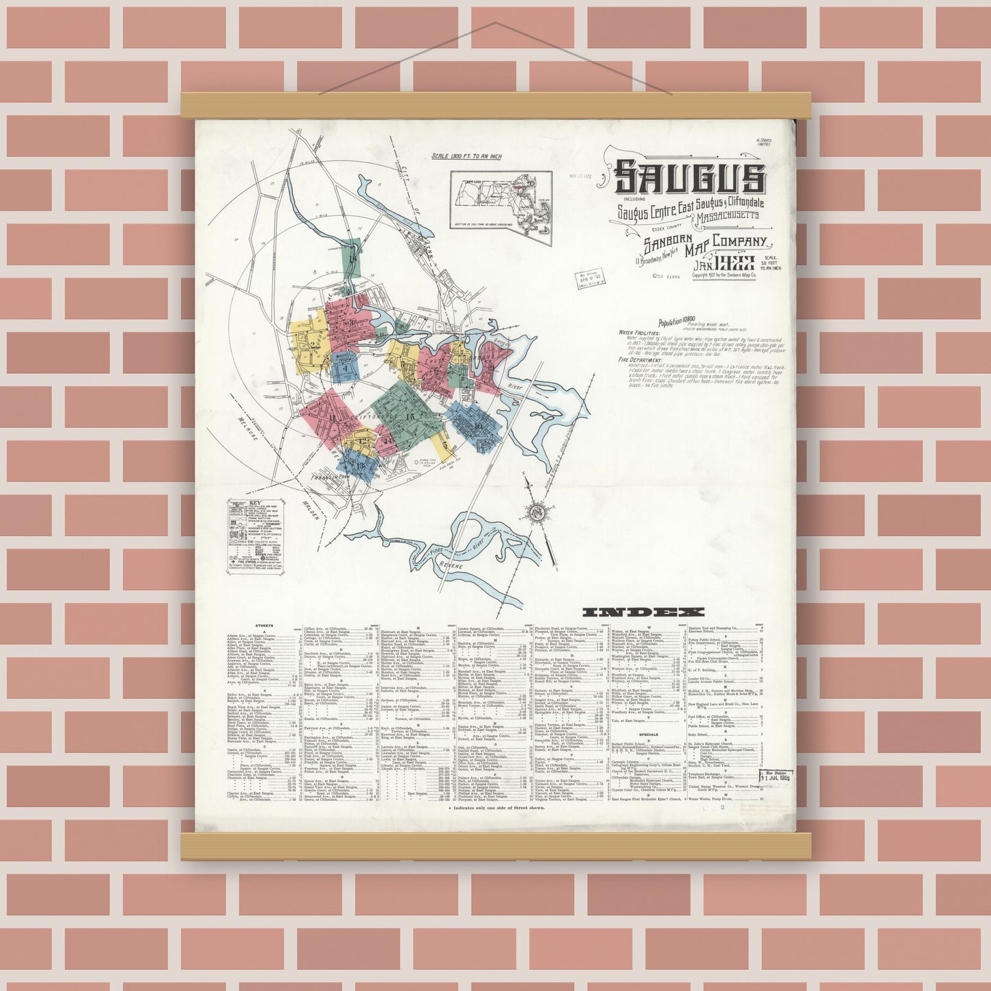 Old map wall art mockup — magnetic wood frame on brick wall — Sanborn Fire Insurance Map from Saugus, Essex County, Massachusetts (1922), Sheet #0001