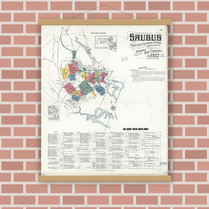 Old map wall art mockup — magnetic wood frame on brick wall — Sanborn Fire Insurance Map from Saugus, Essex County, Massachusetts (1922), Sheet #0001