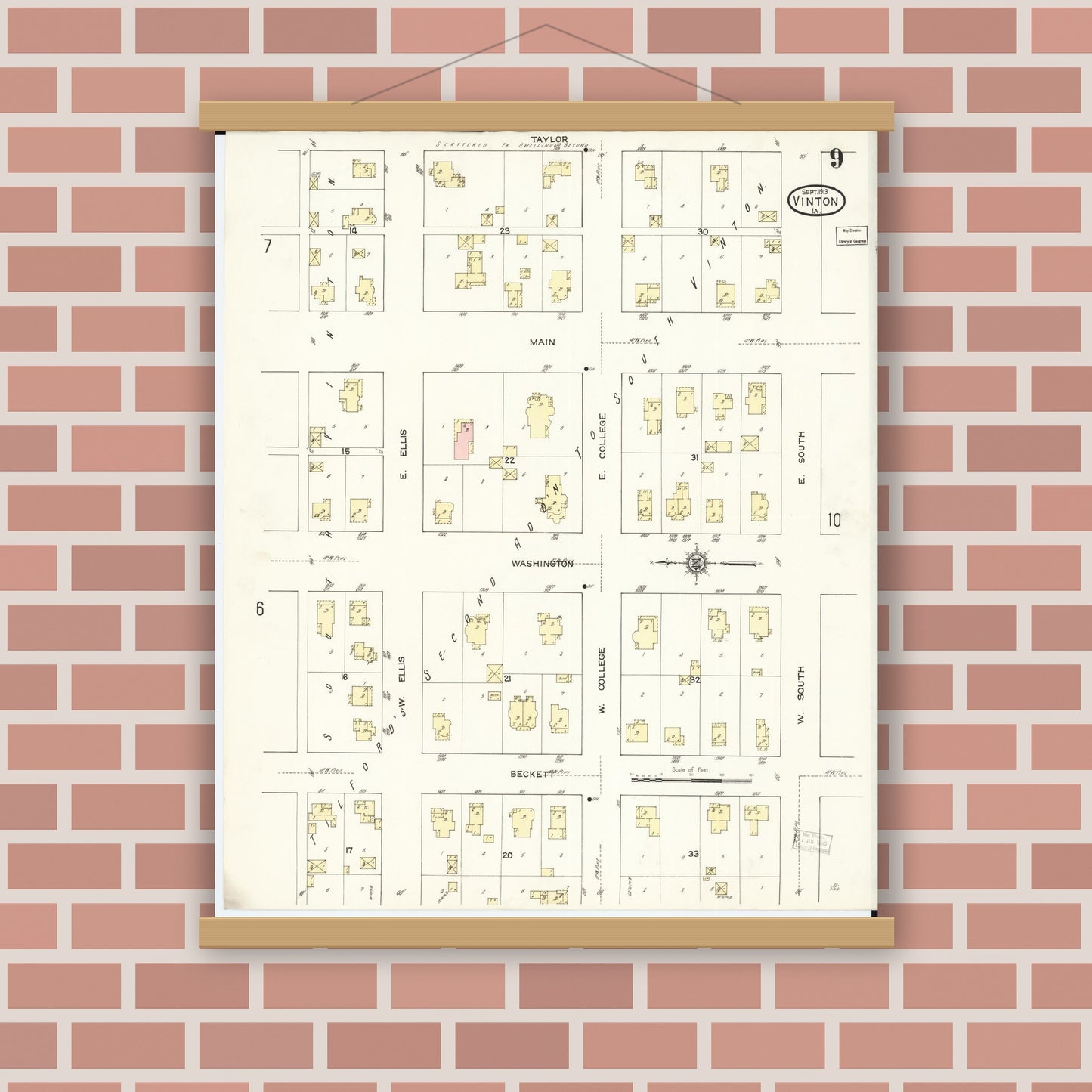 Old map wall art mockup — magnetic wood frame on brick wall — Sanborn Fire Insurance Map from Vinton, Benton County, Iowa (1913), Sheet #0009