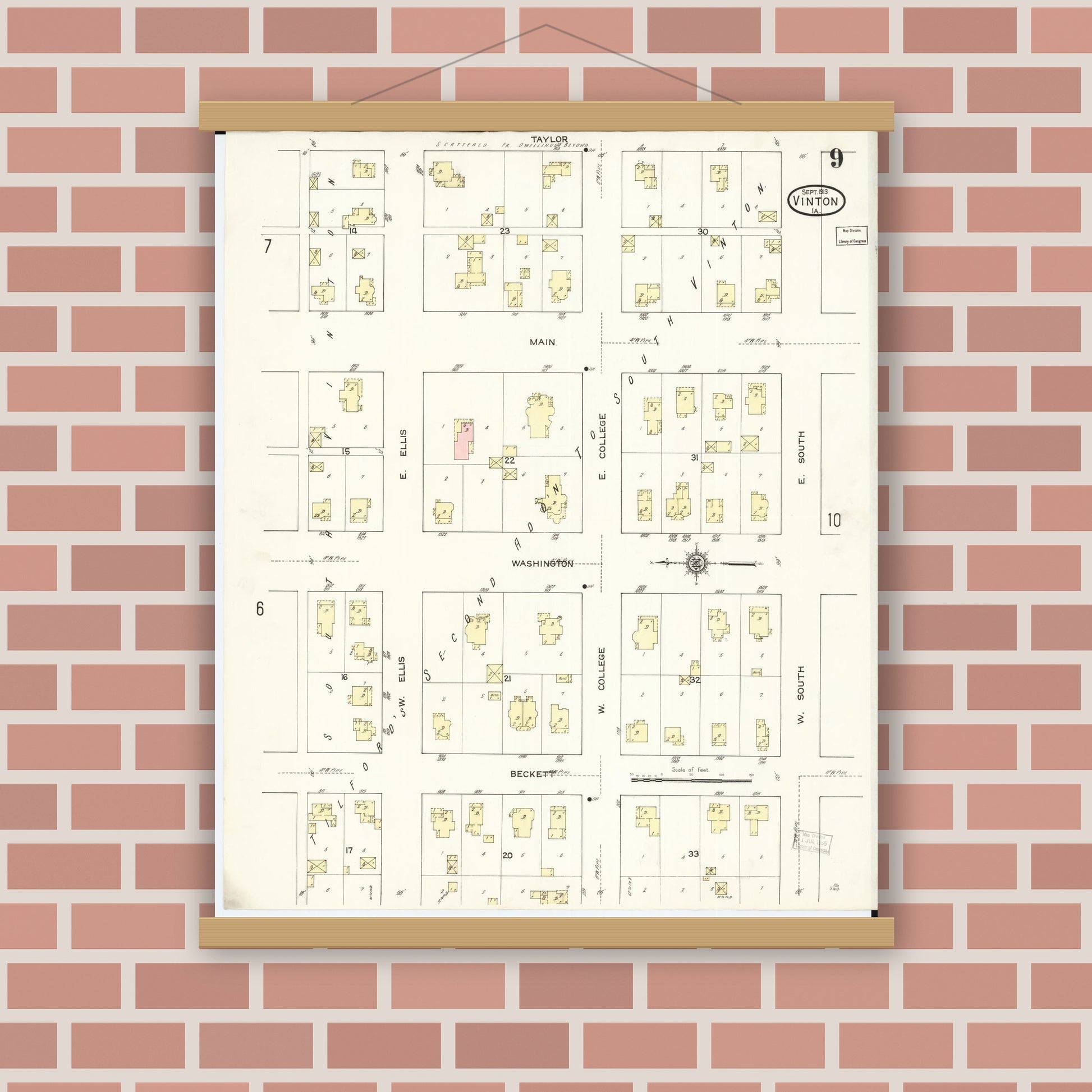 Old map wall art mockup — magnetic wood frame on brick wall — Sanborn Fire Insurance Map from Vinton, Benton County, Iowa (1913), Sheet #0009