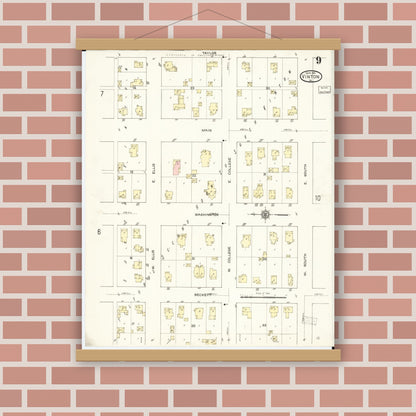 Old map wall art mockup — magnetic wood frame on brick wall — Sanborn Fire Insurance Map from Vinton, Benton County, Iowa (1913), Sheet #0009