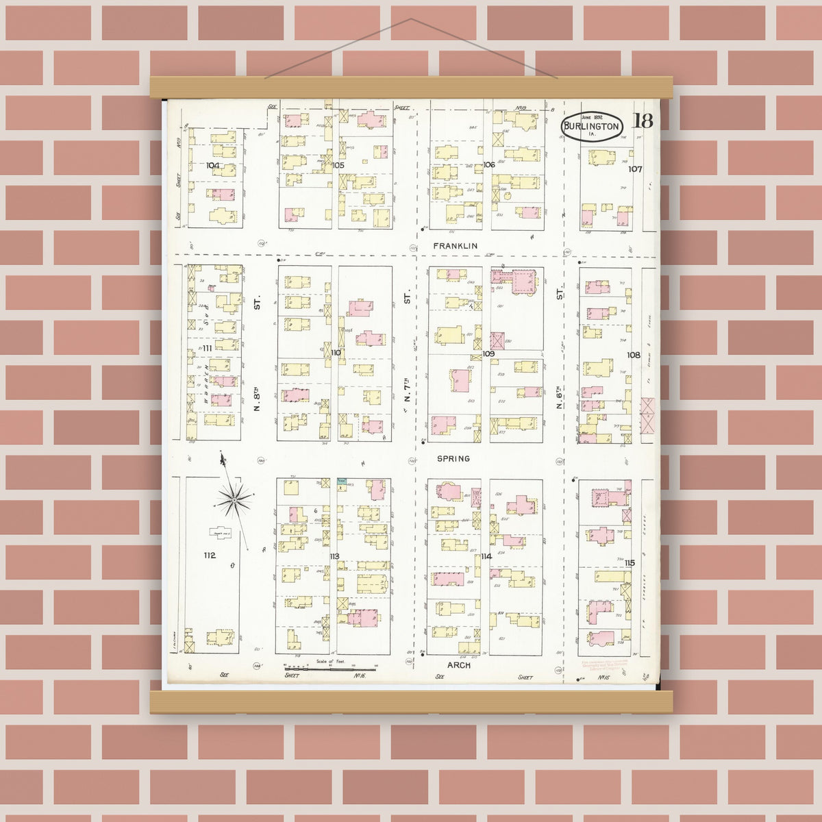 Old map wall art mockup — magnetic wood frame on brick wall — Sanborn Fire Insurance Map from Burlington, Des Moines County, Iowa (1892), Sheet #0018