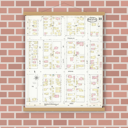 Old map wall art mockup — magnetic wood frame on brick wall — Sanborn Fire Insurance Map from Burlington, Des Moines County, Iowa (1892), Sheet #0018