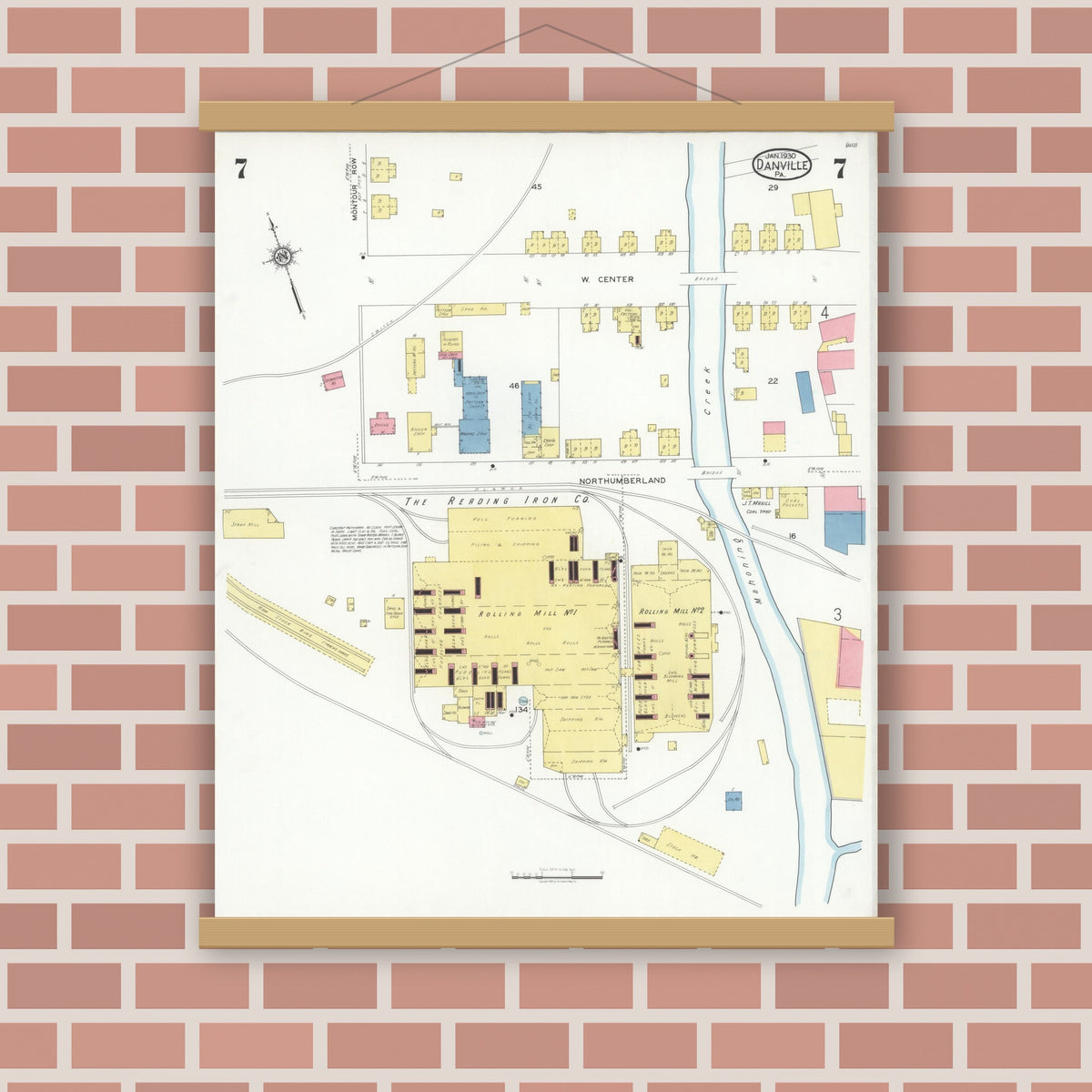 Old map wall art mockup — magnetic wood frame on brick wall — Sanborn Fire Insurance Map from Danville, Montour County, Pennsylvania (1930), Sheet #0007
