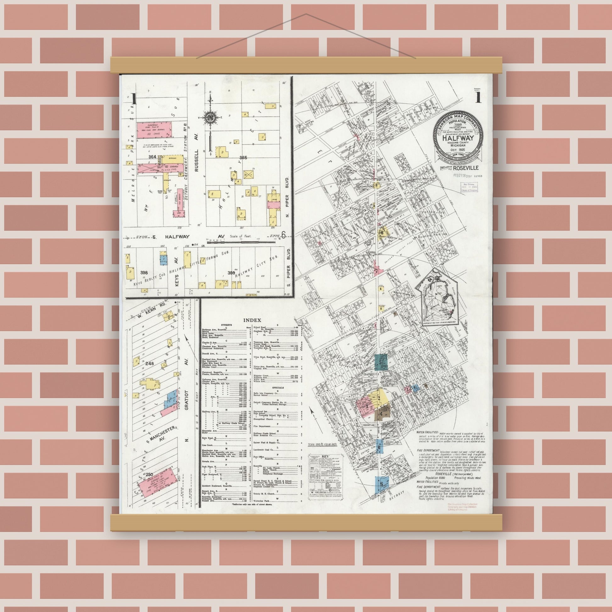 Old map wall art mockup — magnetic wood frame on brick wall — Sanborn Fire Insurance Map from Halfway, Macomb County, Michigan (1925) - Complete Map Set