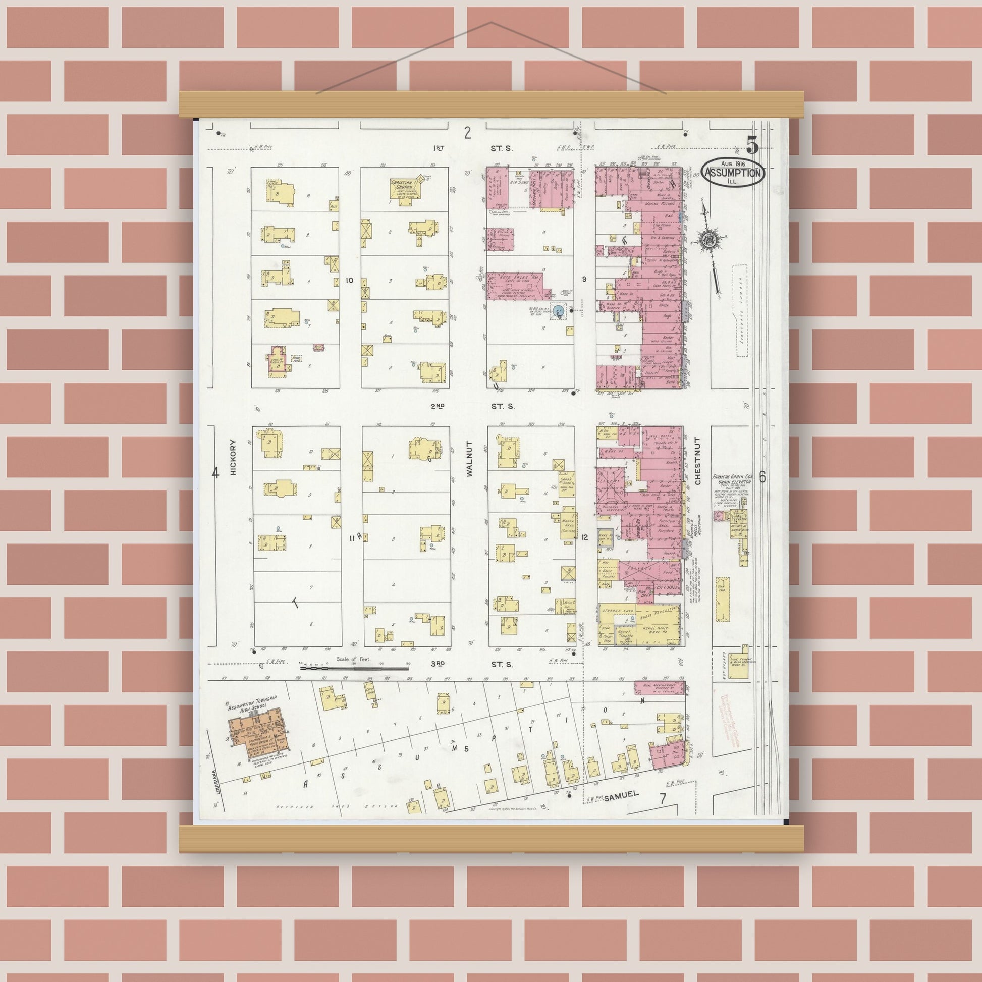 Old map wall art mockup — magnetic wood frame on brick wall — Sanborn Fire Insurance Map from Assumption, Christian County, Illinois (1916), Sheet #0005