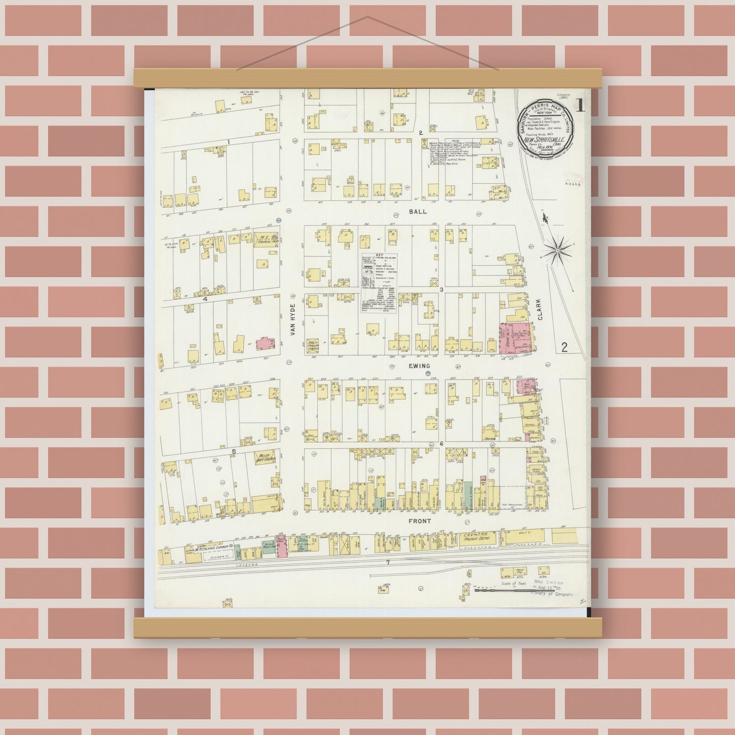 Old map wall art mockup — magnetic wood frame on brick wall — Sanborn Fire Insurance Map from New Straitsville, Perry County, Ohio (1896), Sheet #0001