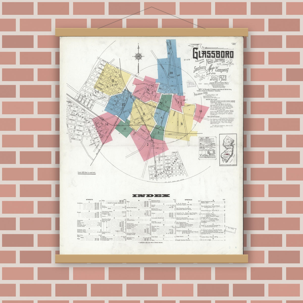 Old map wall art mockup — magnetic wood frame on brick wall — Sanborn Fire Insurance Map from Glassboro, Gloucester County, New Jersey (1923) - Complete Map Set