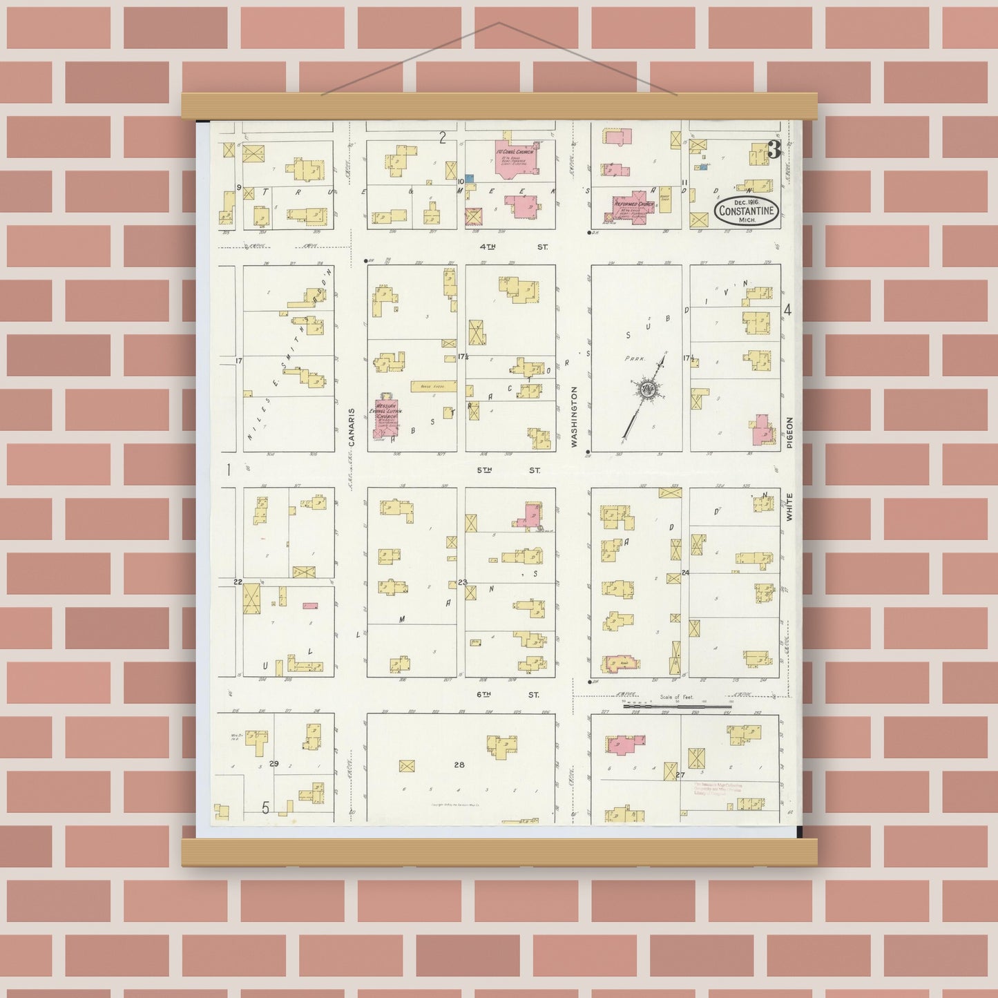 Old map wall art mockup — magnetic wood frame on brick wall — Sanborn Fire Insurance Map from Constantine, Saint Joseph County, Michigan (1916), Sheet #0003