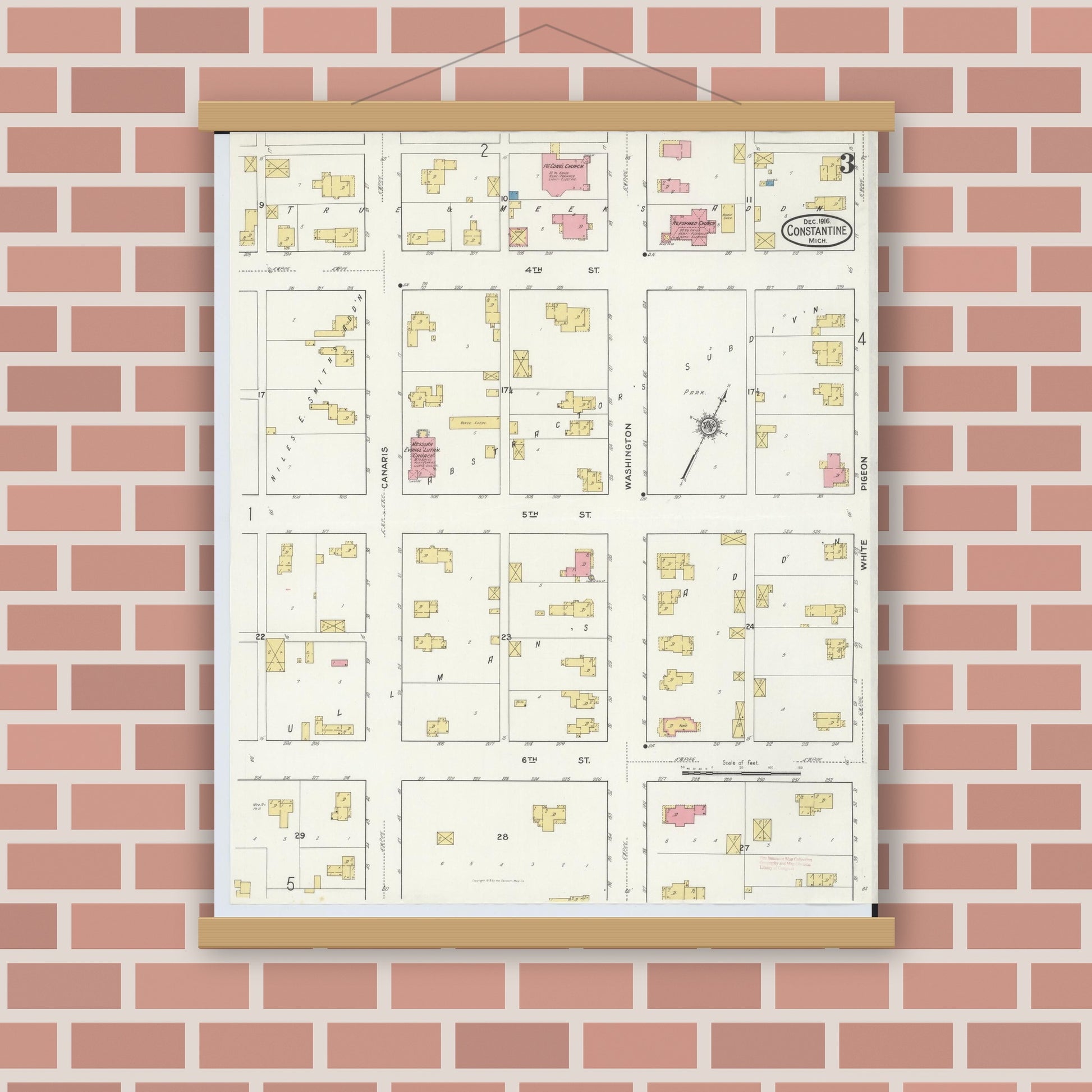 Old map wall art mockup — magnetic wood frame on brick wall — Sanborn Fire Insurance Map from Constantine, Saint Joseph County, Michigan (1916), Sheet #0003