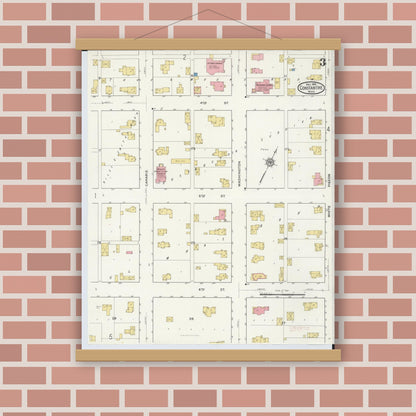 Old map wall art mockup — magnetic wood frame on brick wall — Sanborn Fire Insurance Map from Constantine, Saint Joseph County, Michigan (1916), Sheet #0003