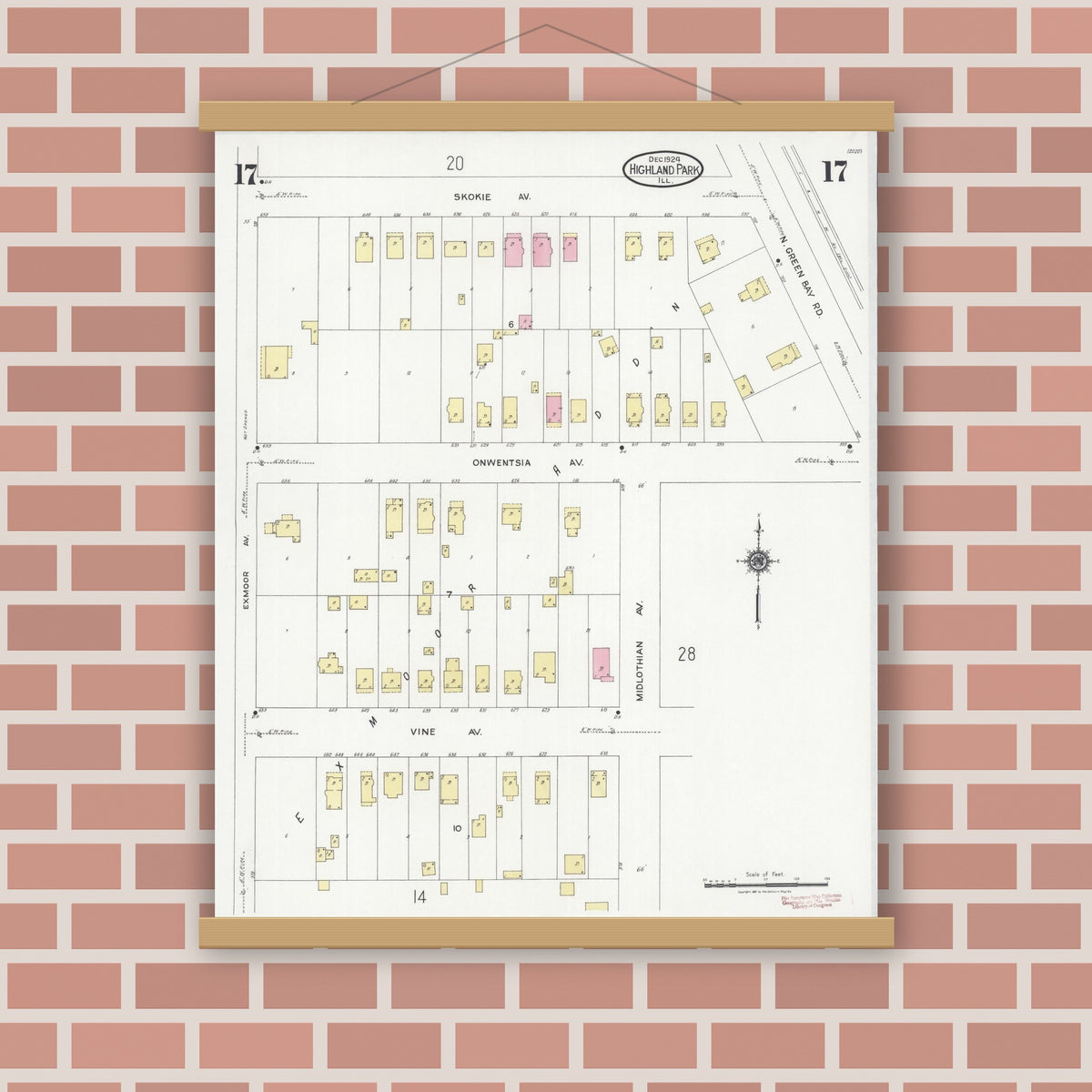 Old map wall art mockup — magnetic wood frame on brick wall — Sanborn Fire Insurance Map from Highland Park, Lake County, Illinois (1924), Sheet #0017