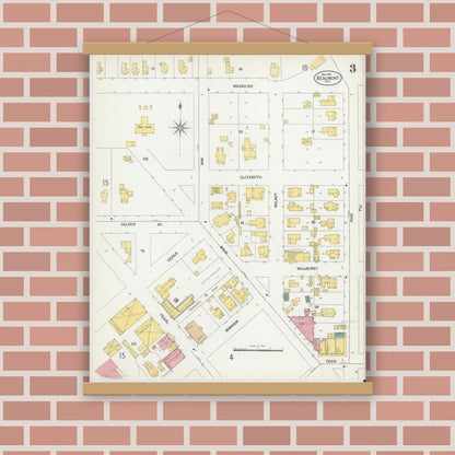 Old map wall art mockup — magnetic wood frame on brick wall — Sanborn Fire Insurance Map from Beaumont, Jefferson County, Texas (1902), Sheet #0003