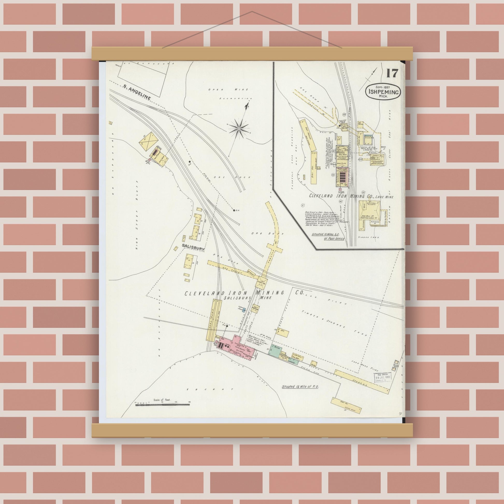 Old map wall art mockup — magnetic wood frame on brick wall — Sanborn Fire Insurance Map from Ishpeming, Marquette County, Michigan (1897), Sheet #0017