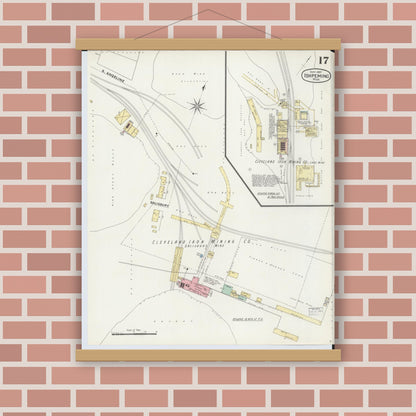 Old map wall art mockup — magnetic wood frame on brick wall — Sanborn Fire Insurance Map from Ishpeming, Marquette County, Michigan (1897), Sheet #0017