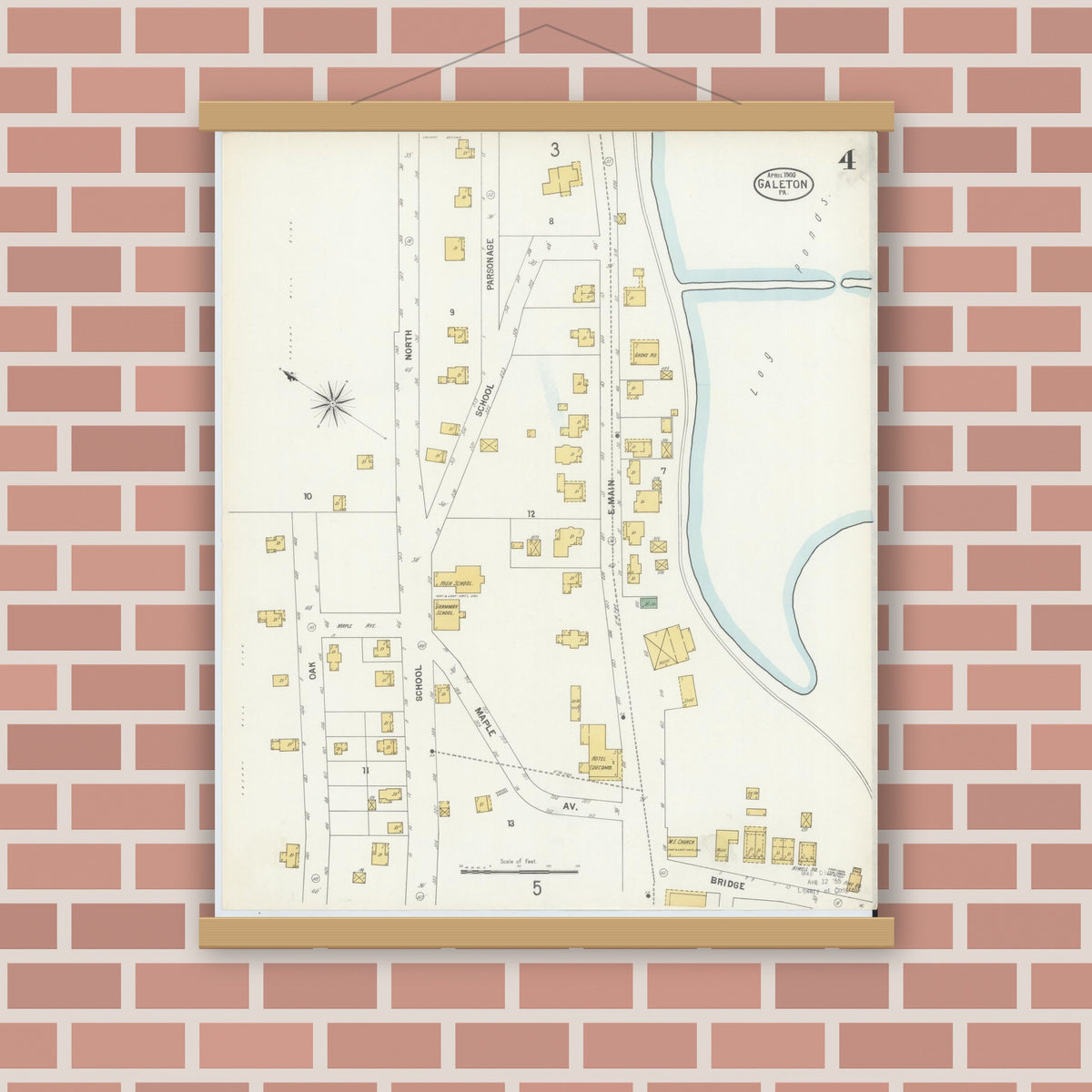 Old map wall art mockup — magnetic wood frame on brick wall — Sanborn Fire Insurance Map from Galeton, Potter County, Pennsylvania (1900), Sheet #0004