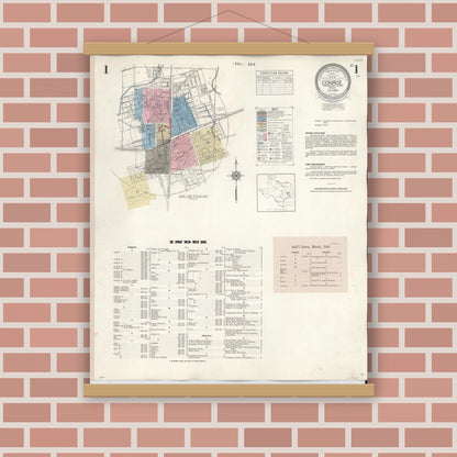 Old map wall art mockup — magnetic wood frame on brick wall — Sanborn Fire Insurance Map from Conroe, Montgomery County, Texas (1943) - Complete Map Set