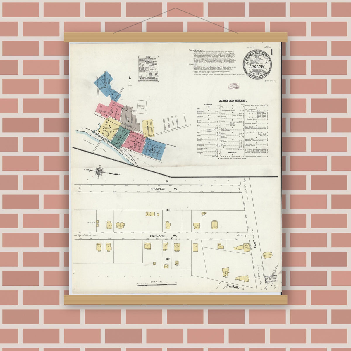 Old map wall art mockup — magnetic wood frame on brick wall — Sanborn Fire Insurance Map from Ludlow, Hampden County, Massachusetts (1911) - Complete Map Set