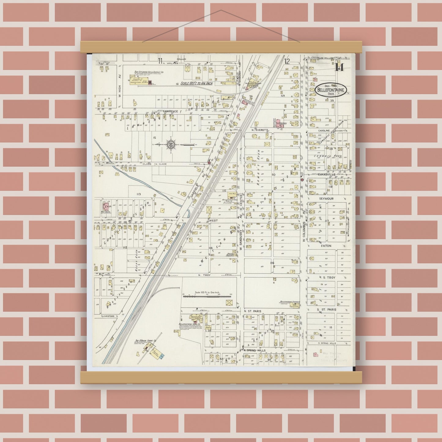 Old map wall art mockup — magnetic wood frame on brick wall — Sanborn Fire Insurance Map from Bellefontaine, Logan County, Ohio (1914), Sheet #0014