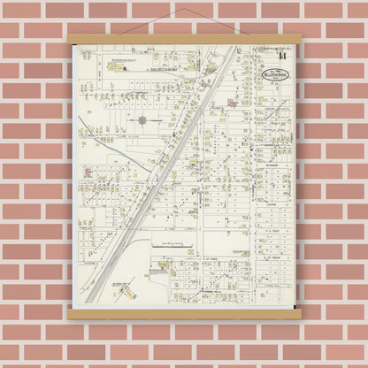 Old map wall art mockup — magnetic wood frame on brick wall — Sanborn Fire Insurance Map from Bellefontaine, Logan County, Ohio (1914), Sheet #0014