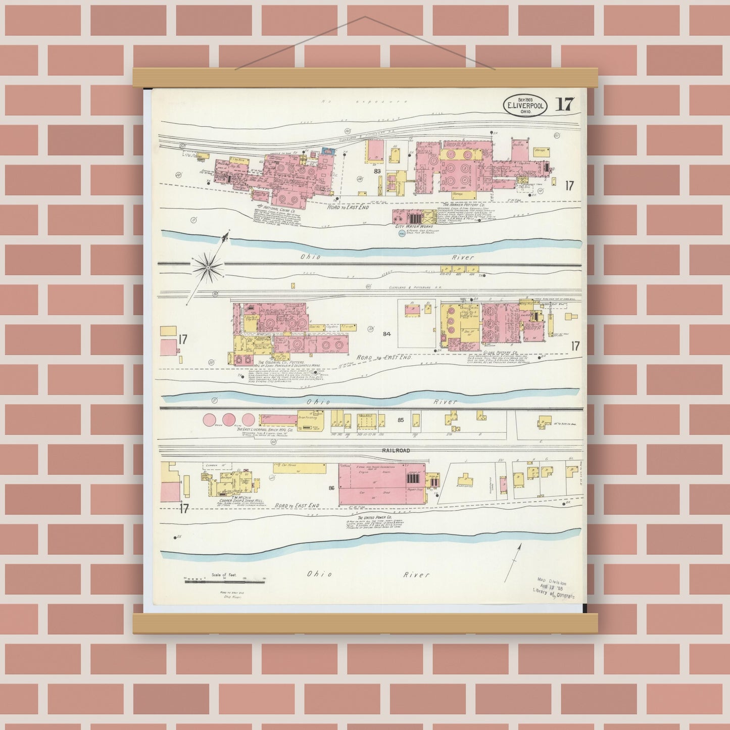 Old map wall art mockup — magnetic wood frame on brick wall — Sanborn Fire Insurance Map from East Liverpool, Columbiana County, Ohio (1903), Sheet #0017