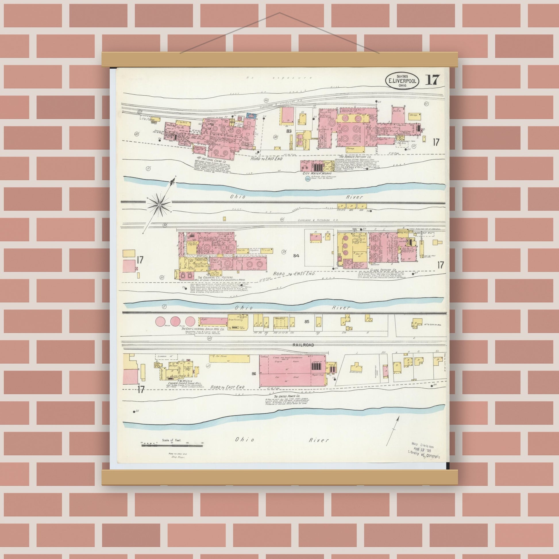 Old map wall art mockup — magnetic wood frame on brick wall — Sanborn Fire Insurance Map from East Liverpool, Columbiana County, Ohio (1903), Sheet #0017