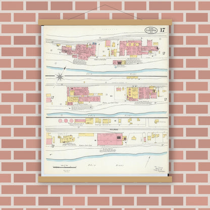 Old map wall art mockup — magnetic wood frame on brick wall — Sanborn Fire Insurance Map from East Liverpool, Columbiana County, Ohio (1903), Sheet #0017