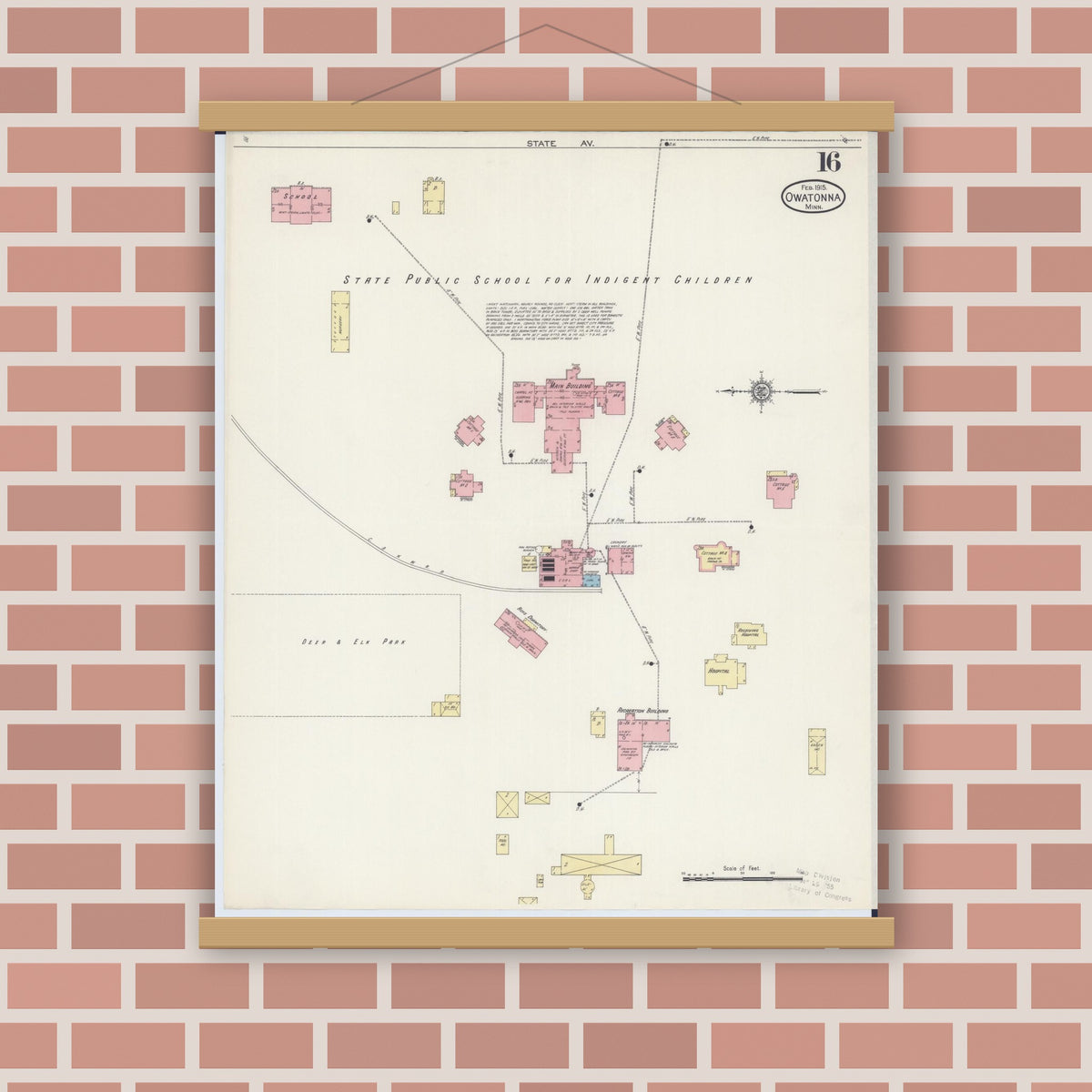 Old map wall art mockup — magnetic wood frame on brick wall — Sanborn Fire Insurance Map from Owatonna, Steele County, Minnesota (1915), Sheet #0016