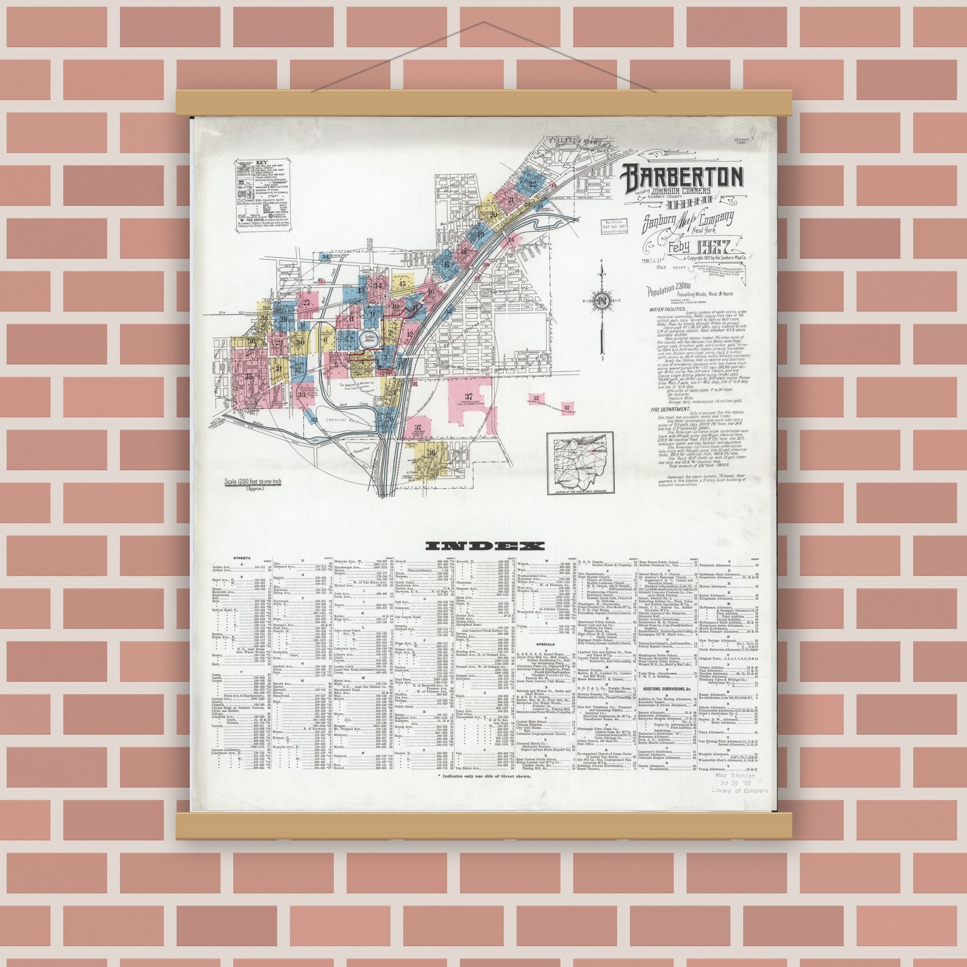 Old map wall art mockup — magnetic wood frame on brick wall — Sanborn Fire Insurance Map from Barberton, Summit County, Ohio (1927), Sheet #0001