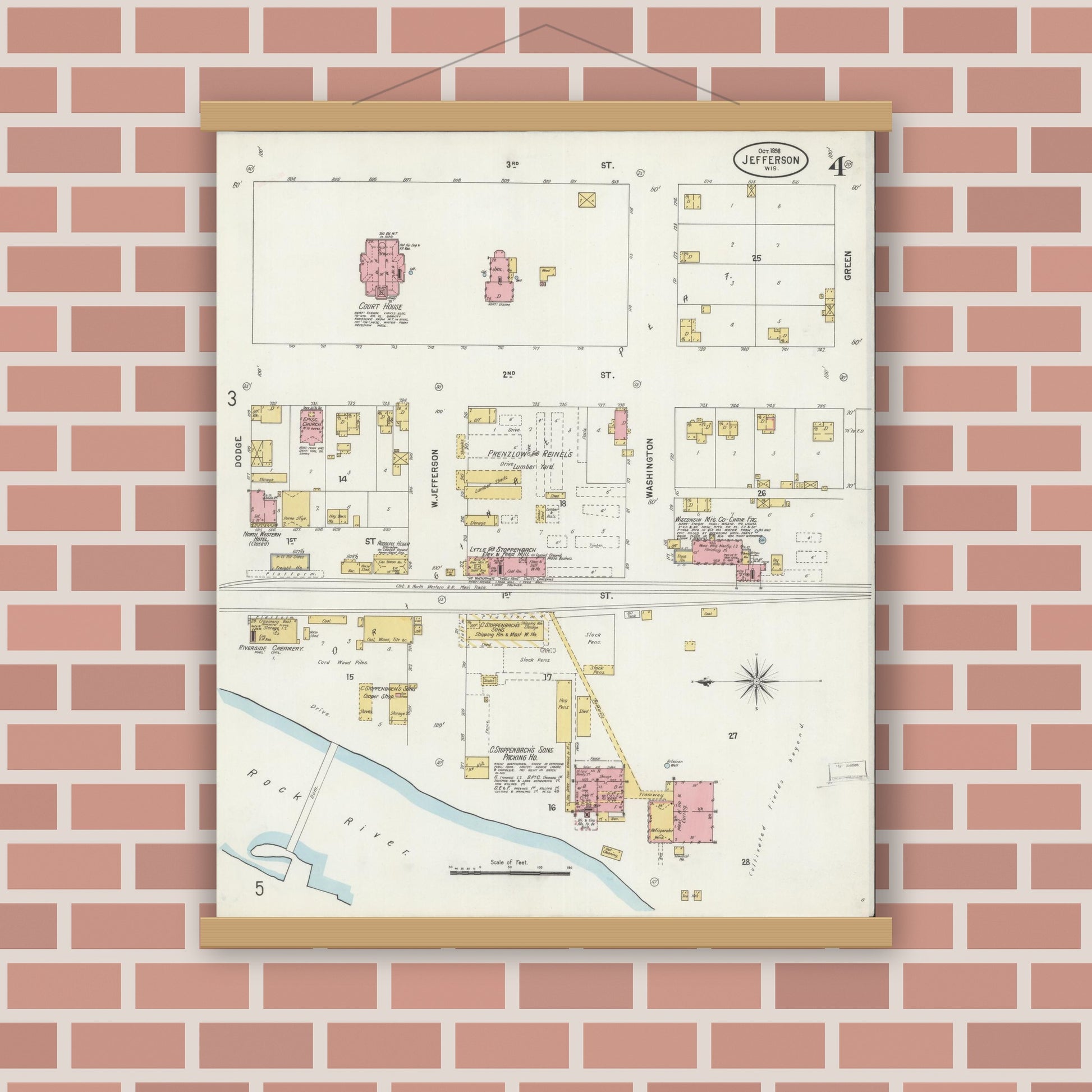 Old map wall art mockup — magnetic wood frame on brick wall — Sanborn Fire Insurance Map from Jefferson, Jefferson County, Wisconsin (1898), Sheet #0004