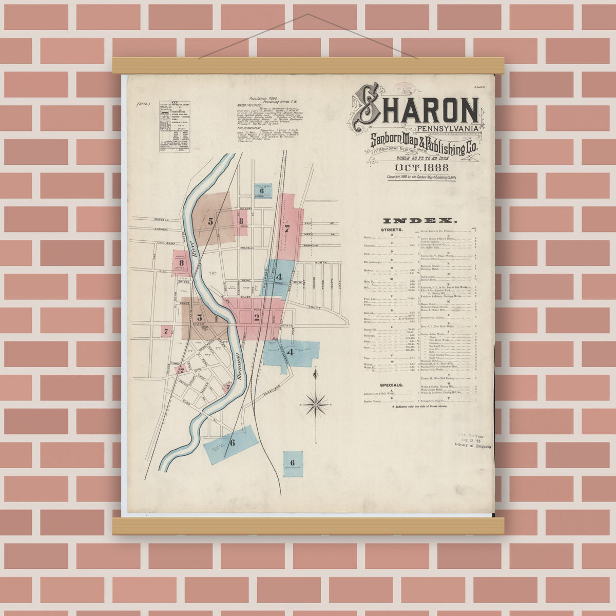 Old map wall art mockup — magnetic wood frame on brick wall — Sanborn Fire Insurance Map from Sharon, Mercer County, Pennsylvania (1888) - Complete Map Set