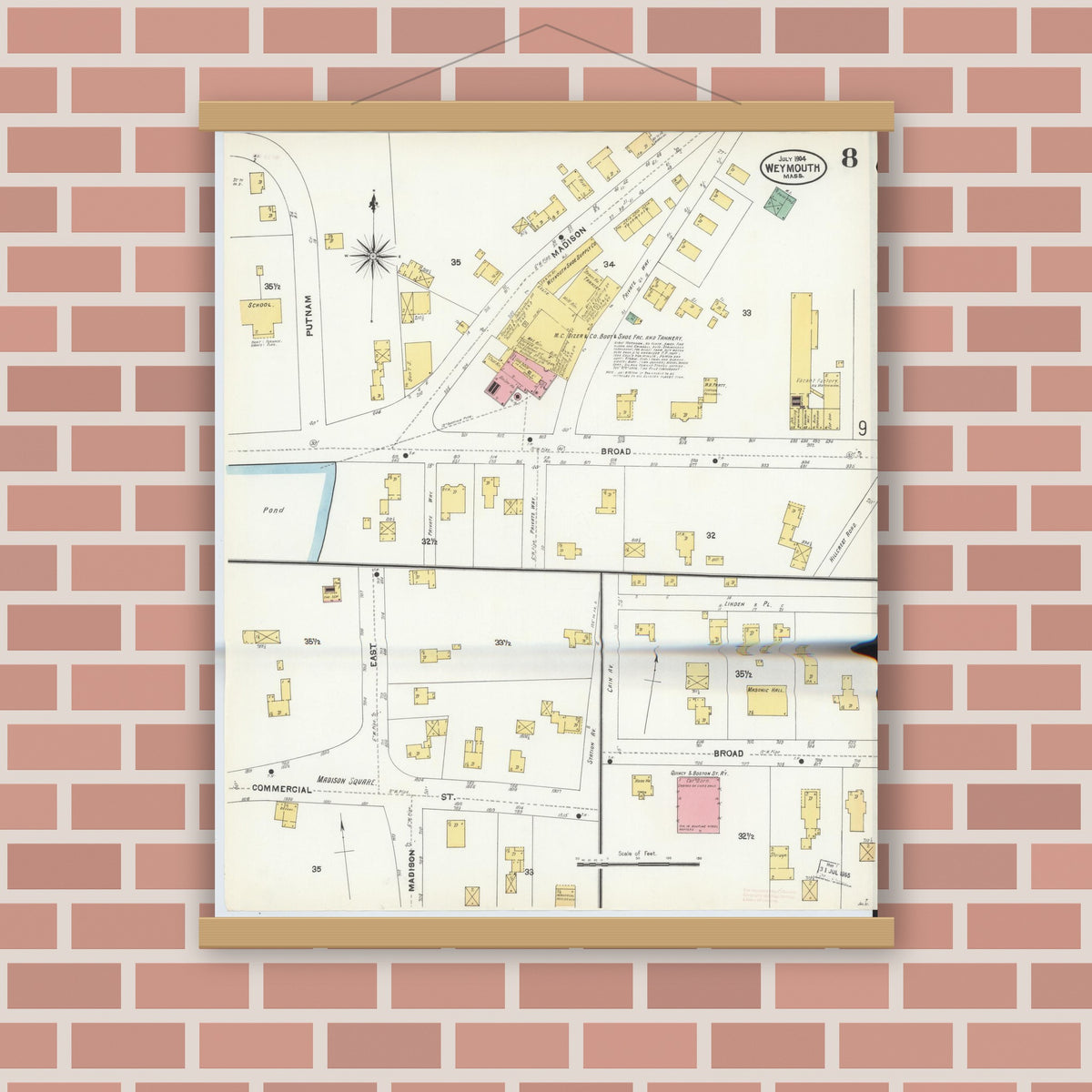 Old map wall art mockup — magnetic wood frame on brick wall — Sanborn Fire Insurance Map from Weymouth, Norfolk County, Massachusetts (1904), Sheet #0008