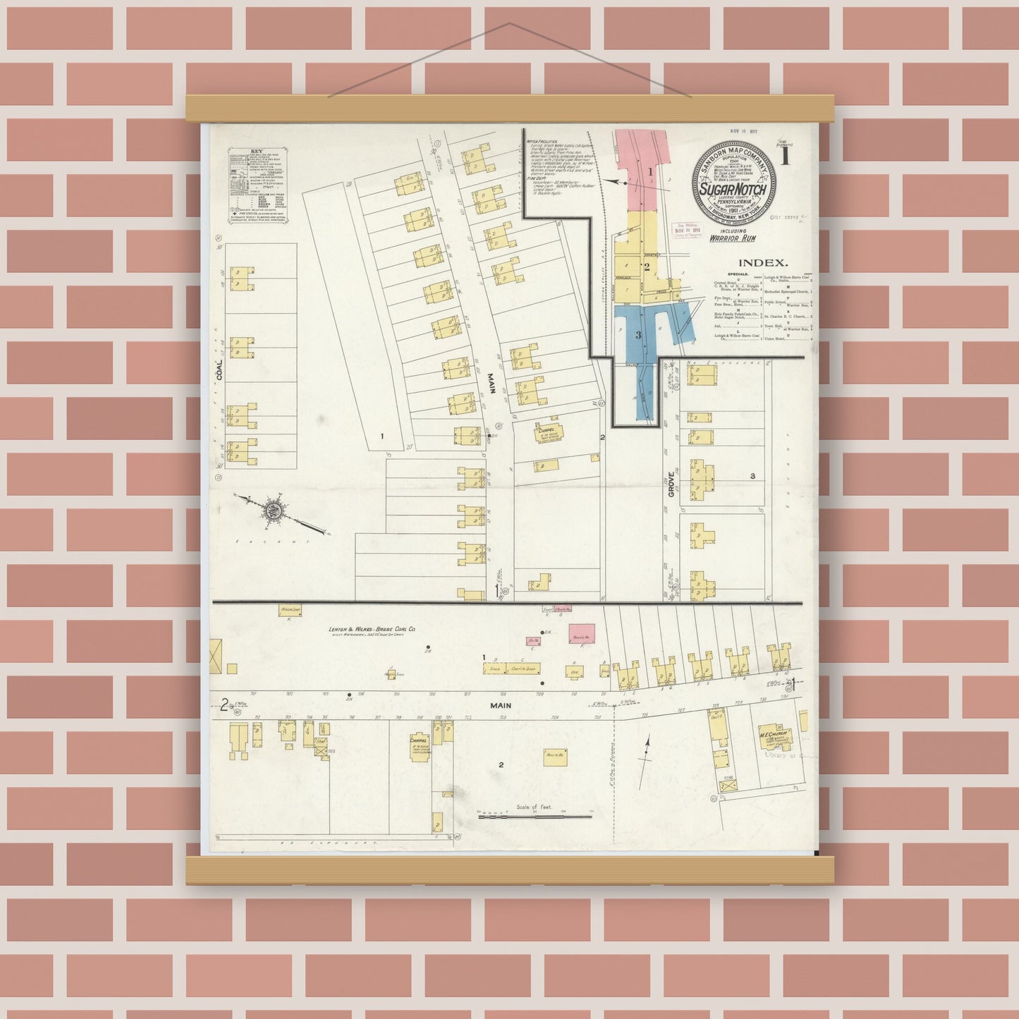 Old map wall art mockup — magnetic wood frame on brick wall — Sanborn Fire Insurance Map from Sugar Notch, Luzerne County, Pennsylvania (1911) - Complete Map Set