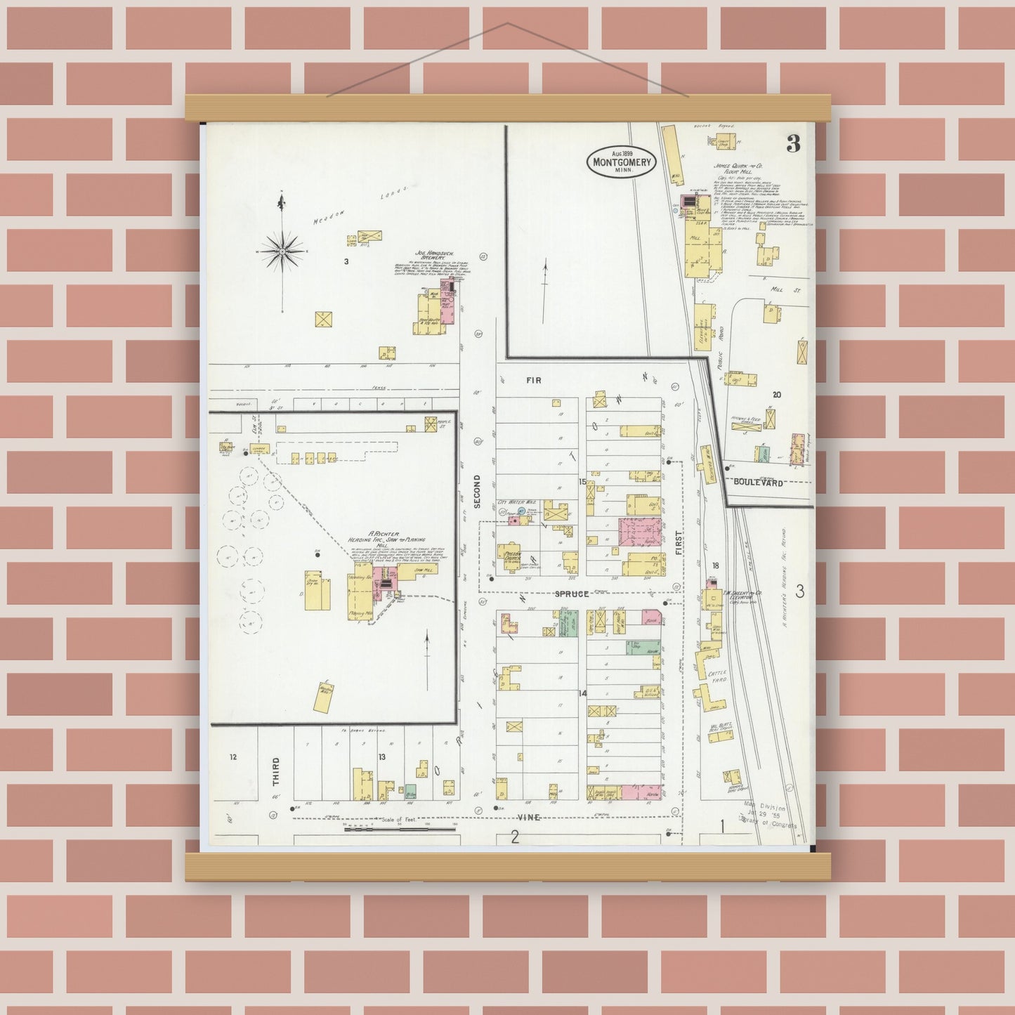Old map wall art mockup — magnetic wood frame on brick wall — Sanborn Fire Insurance Map from Montgomery, Le Sueur  County, Minnesota (1899), Sheet #0003