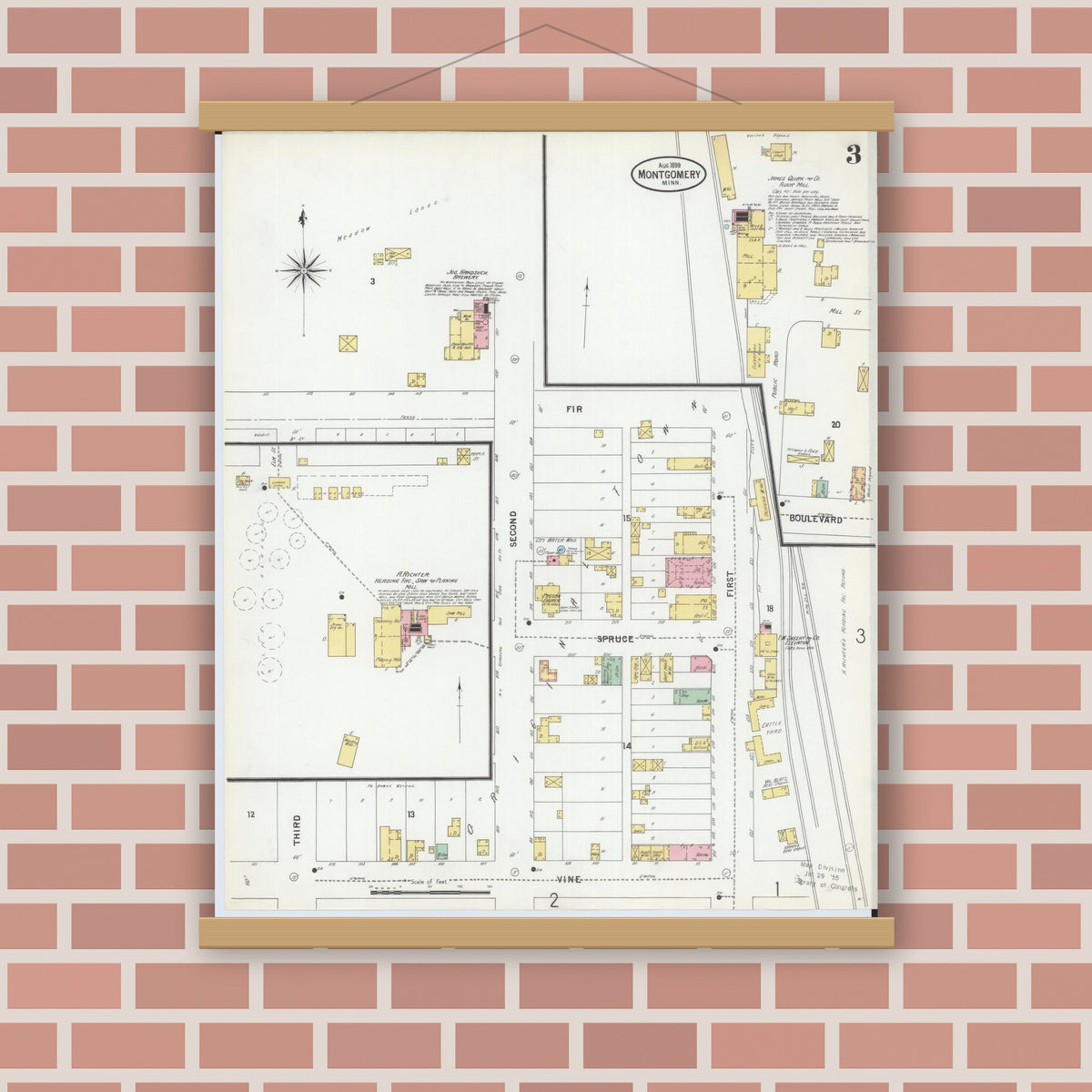 Old map wall art mockup — magnetic wood frame on brick wall — Sanborn Fire Insurance Map from Montgomery, Le Sueur  County, Minnesota (1899), Sheet #0003