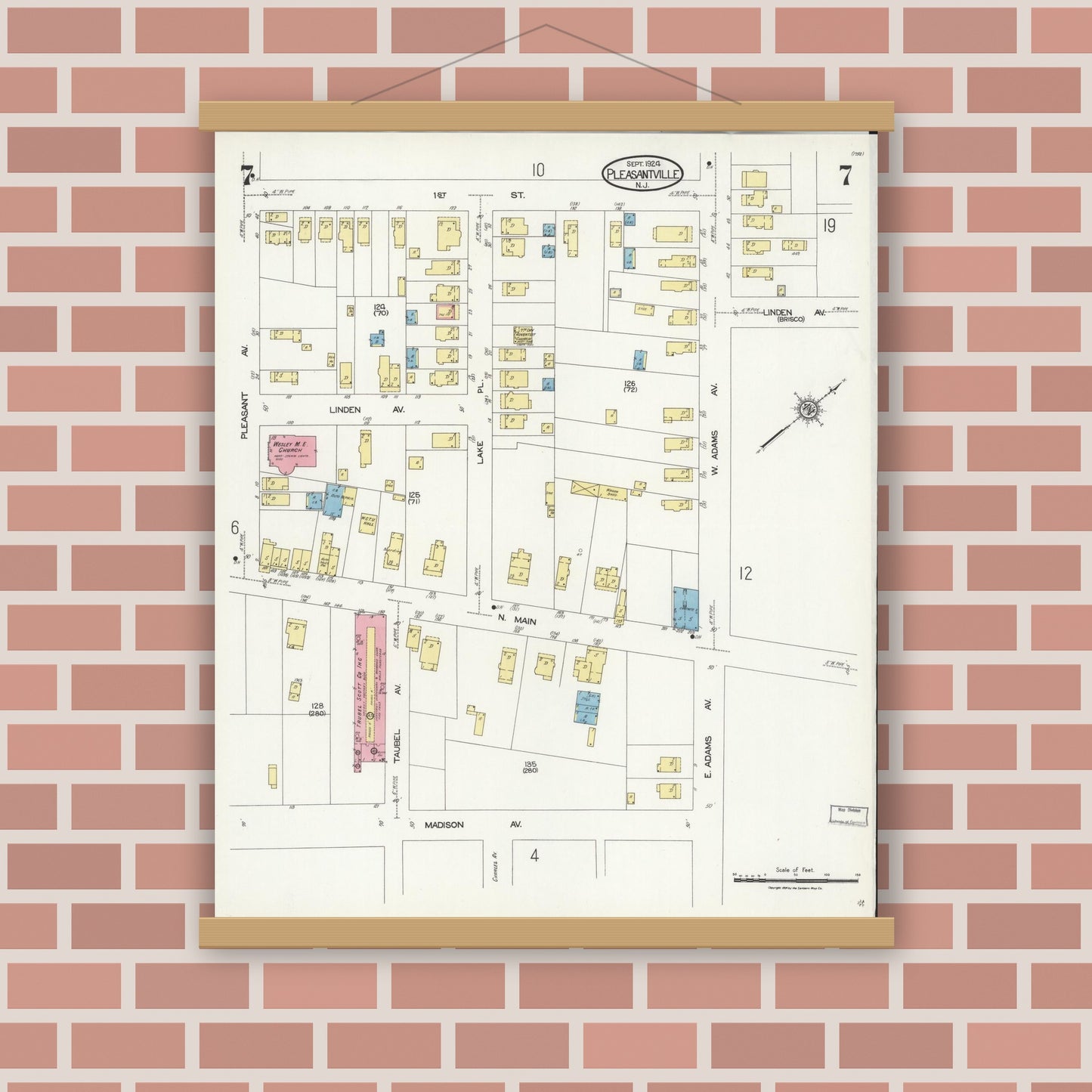 Old map wall art mockup — magnetic wood frame on brick wall — Sanborn Fire Insurance Map from Pleasantville, Atlantic County, New Jersey (1924), Sheet #0007