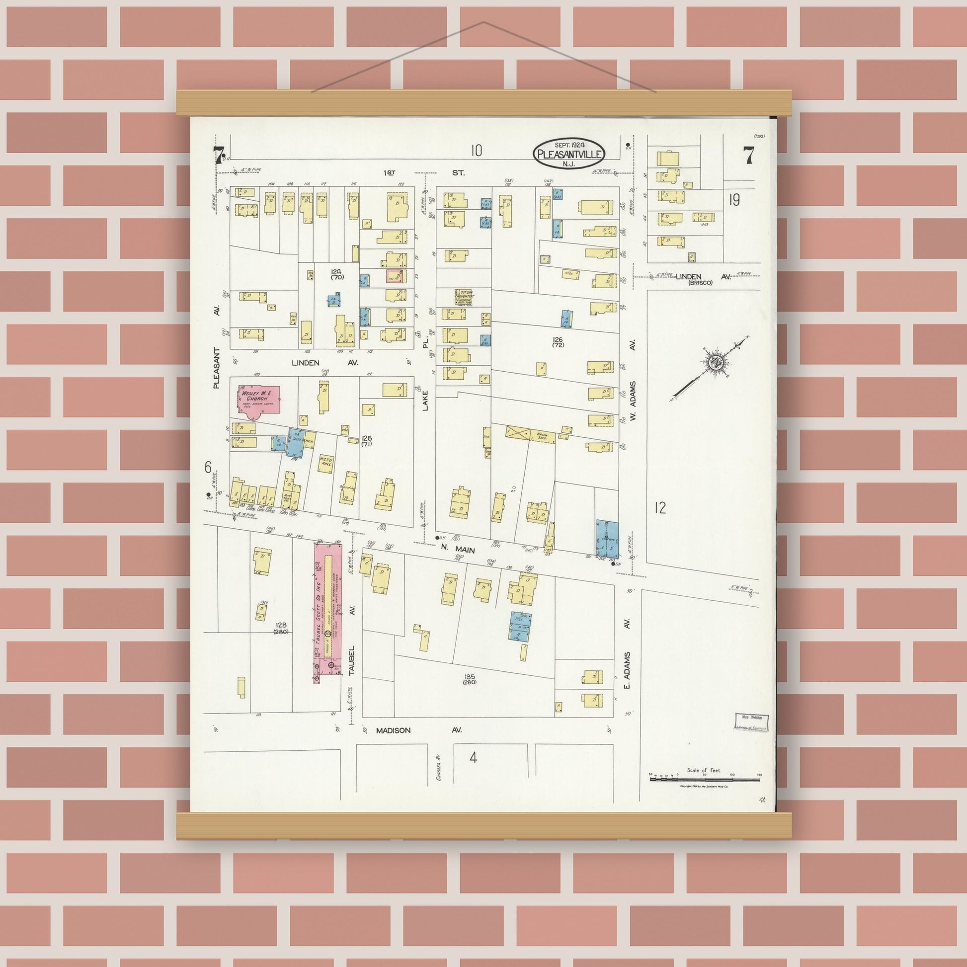 Old map wall art mockup — magnetic wood frame on brick wall — Sanborn Fire Insurance Map from Pleasantville, Atlantic County, New Jersey (1924), Sheet #0007