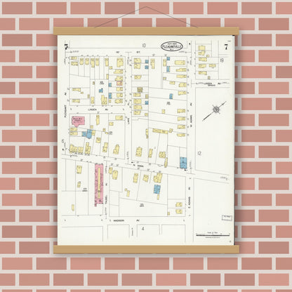 Old map wall art mockup — magnetic wood frame on brick wall — Sanborn Fire Insurance Map from Pleasantville, Atlantic County, New Jersey (1924), Sheet #0007