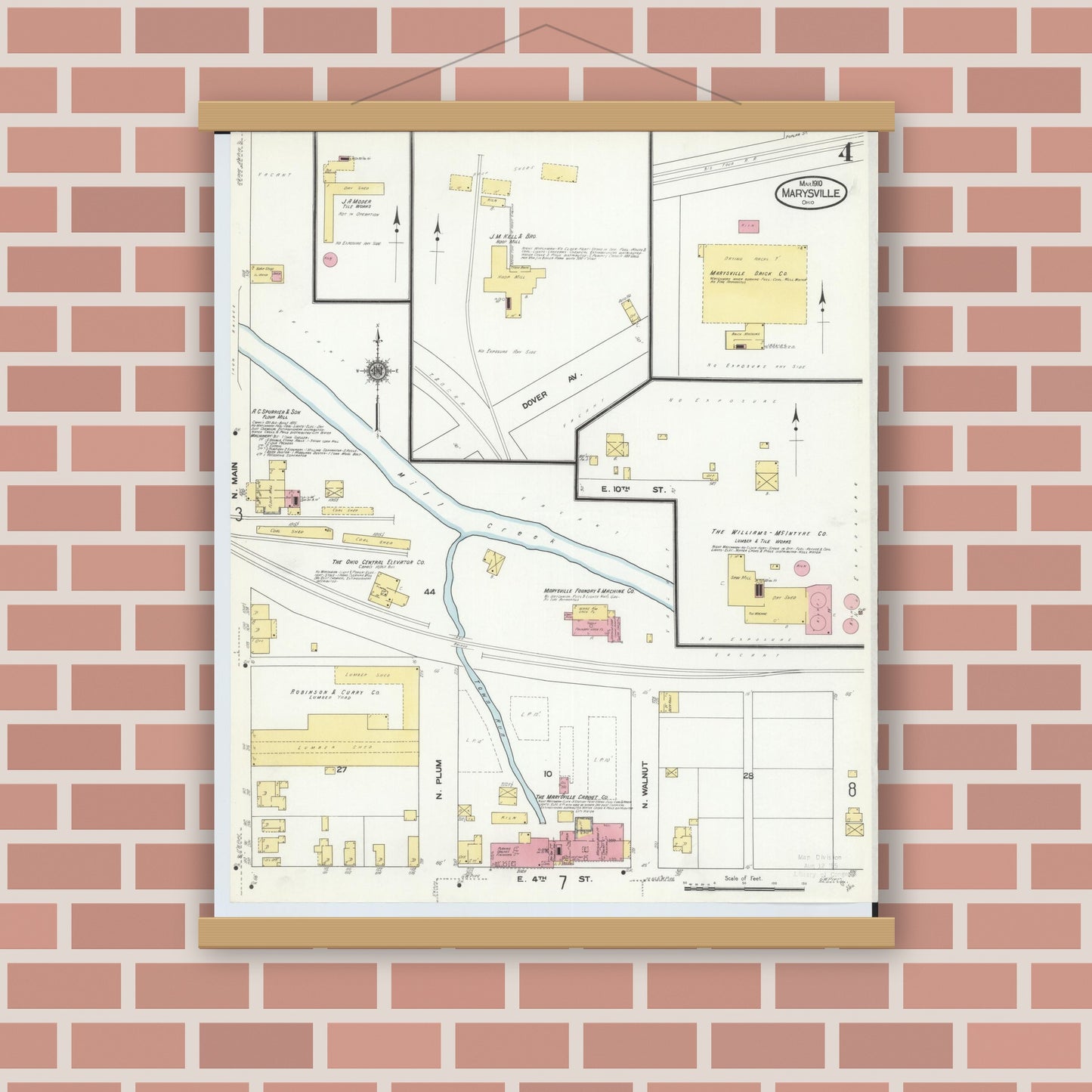 Old map wall art mockup — magnetic wood frame on brick wall — Sanborn Fire Insurance Map from Marysville, Union County, Ohio (1910), Sheet #0004