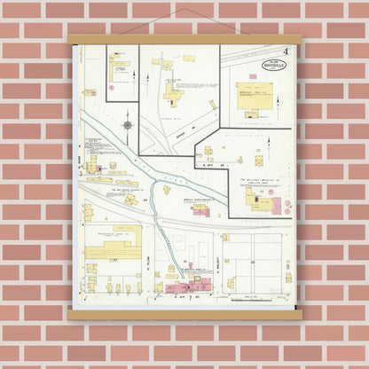 Old map wall art mockup — magnetic wood frame on brick wall — Sanborn Fire Insurance Map from Marysville, Union County, Ohio (1910), Sheet #0004