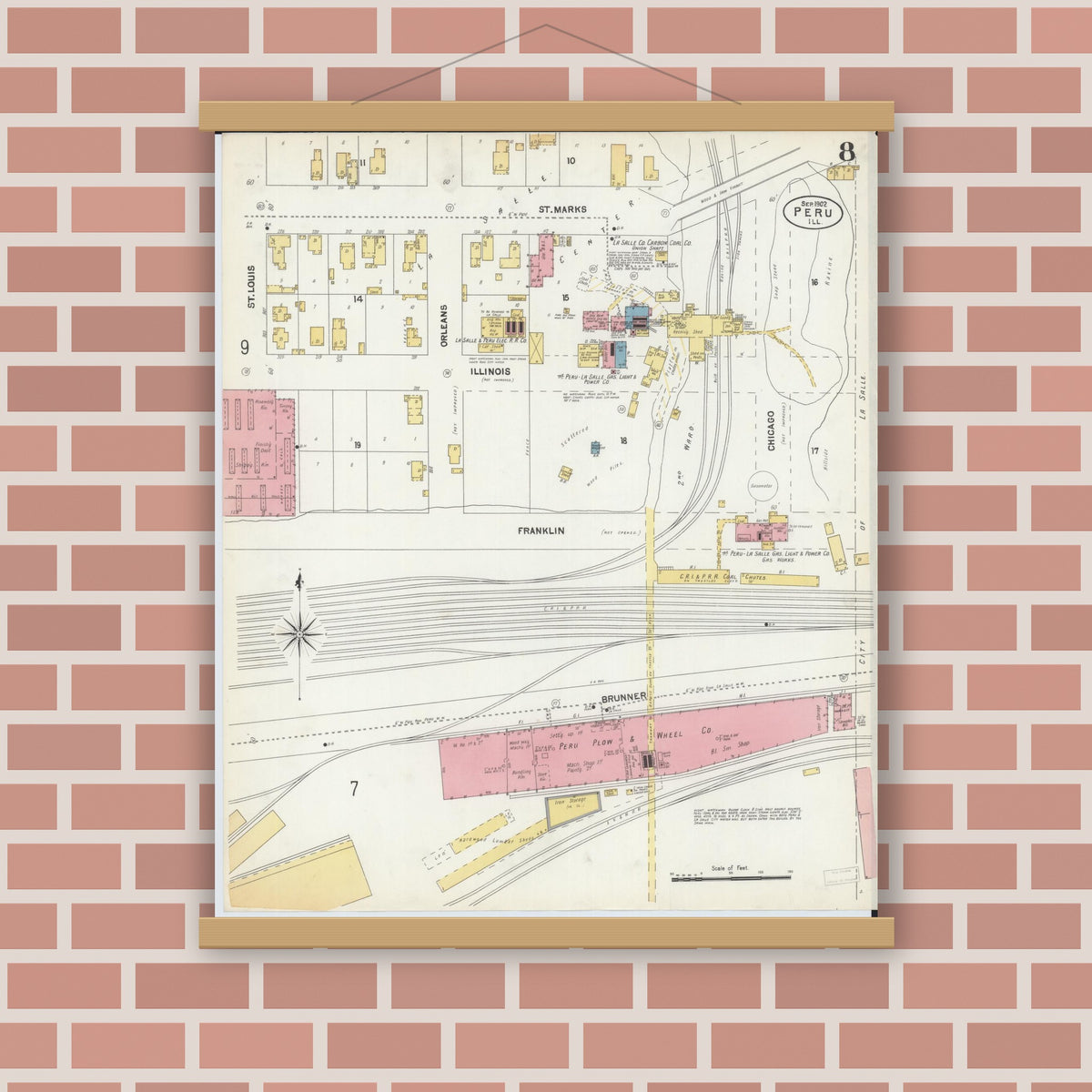 Old map wall art mockup — magnetic wood frame on brick wall — Sanborn Fire Insurance Map from Peru, La Salle County, Illinois (1902), Sheet #0008
